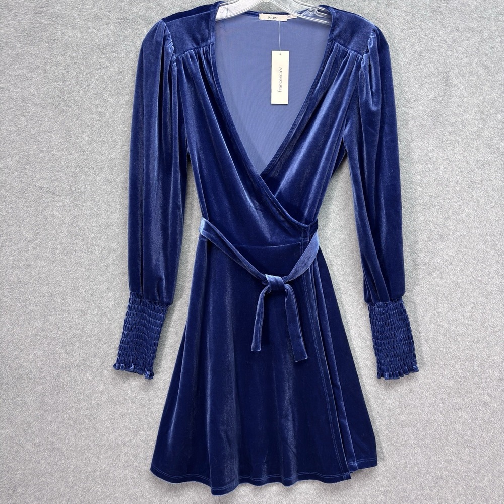 Francesca's NWT Anne  Wrap Mini Dress‎ Sz XXS Navy Blue Bishop Sleeve Velvet
